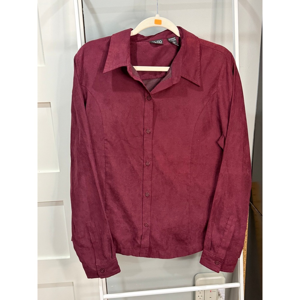 NY & Co Faux Suede Button Down Shirt Burgundy Wine Long Sleeve XL 90s Western